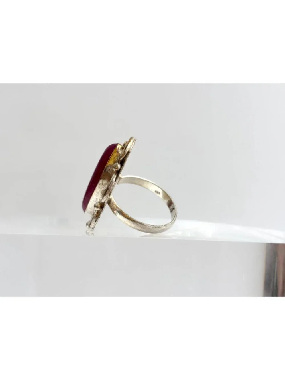 Red Adventurine Marquise Scalloped Sterling Silver 925 Vintage Ring - sz 10.5